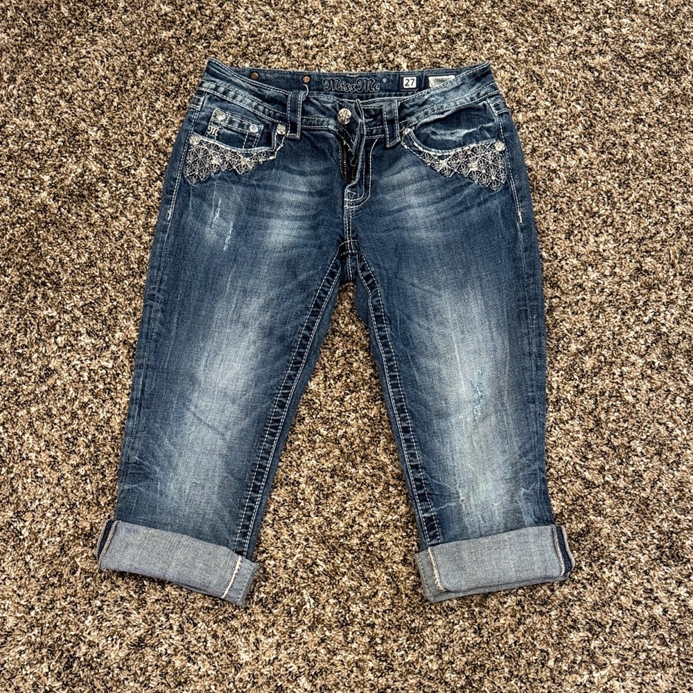 Miss Me Dark Blue Cropped Jeans with Embellished Pockets